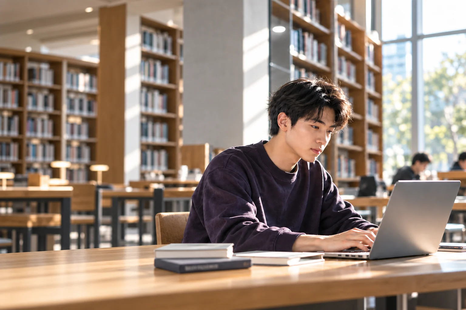 一位年轻人在图书馆使用笔记本电脑学习